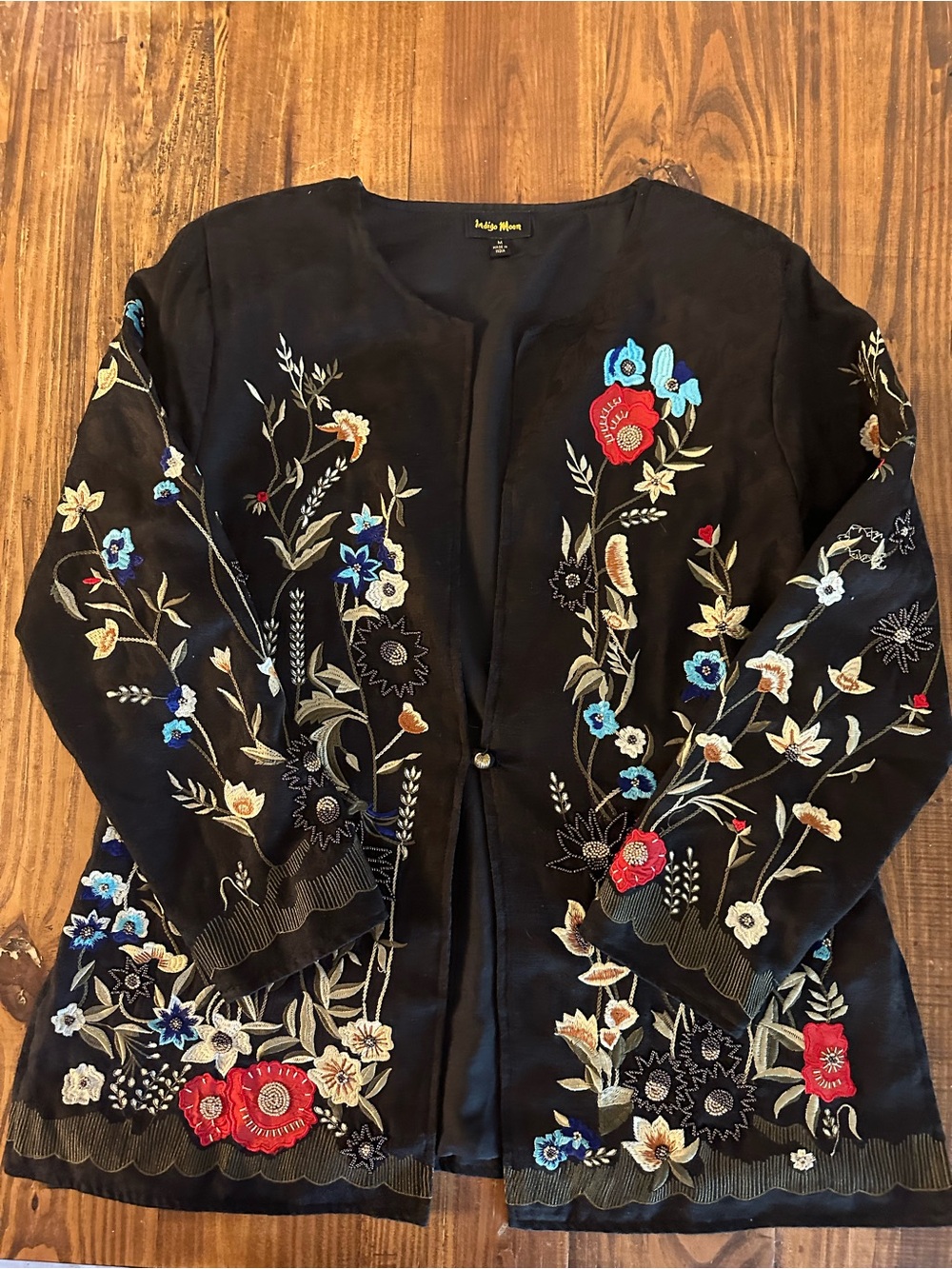 Indigo Black Embroidered Floral Open Jacket